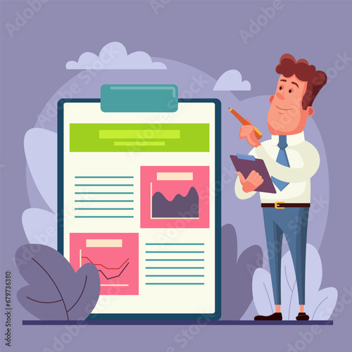 Businessman near huge clipboard with project document. Man with pen pointing at business plan vector illustration. Startup, business strategy concept