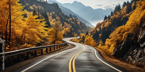 AI Generated. AI Generative. Nature outdoor road highway path asphalt at autumn season at beautiful background with forest and mountain landscape. Graphic Art