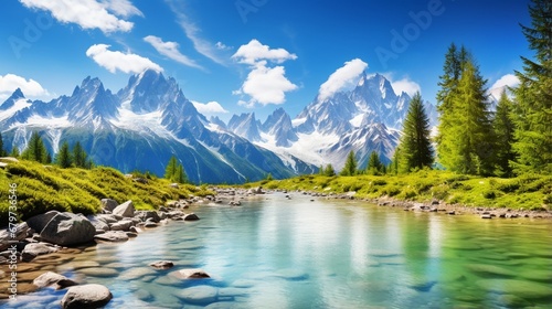 Summer view of Lac Blanc with Mont Blanc (Monte Bianco) in the backdrop, Chamonix location Beautiful scenery in the Vallon de Berard Nature Preserve, Graian Alps. photo