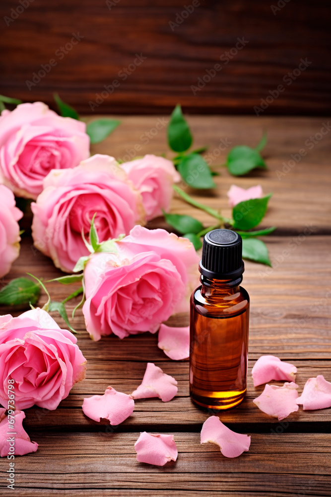 rose essential oil in a bottle. Generative AI, rose essential oil in a bottle. Generative AI,