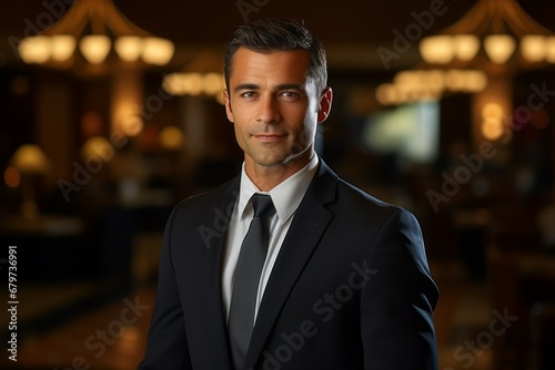 Male hotel manager. Concept of top in demand profession. Portrait with selective focus and copy space