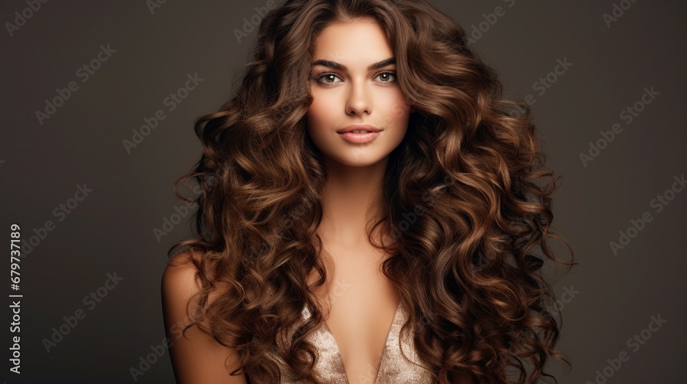 Brunette woman with long, lustrous wavy hair  Lovely model with curly hairstyle.