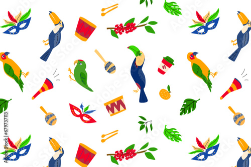 seamless pattern with parrots, toucans, mask