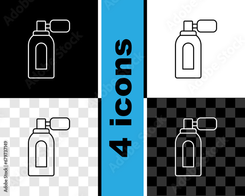Set line Aftershave bottle with atomizer icon isolated on black and white, transparent background. Cologne spray icon. Male perfume bottle. Vector