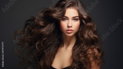 Brunette woman with long, lustrous wavy hair Lovely model with curly hairstyle.