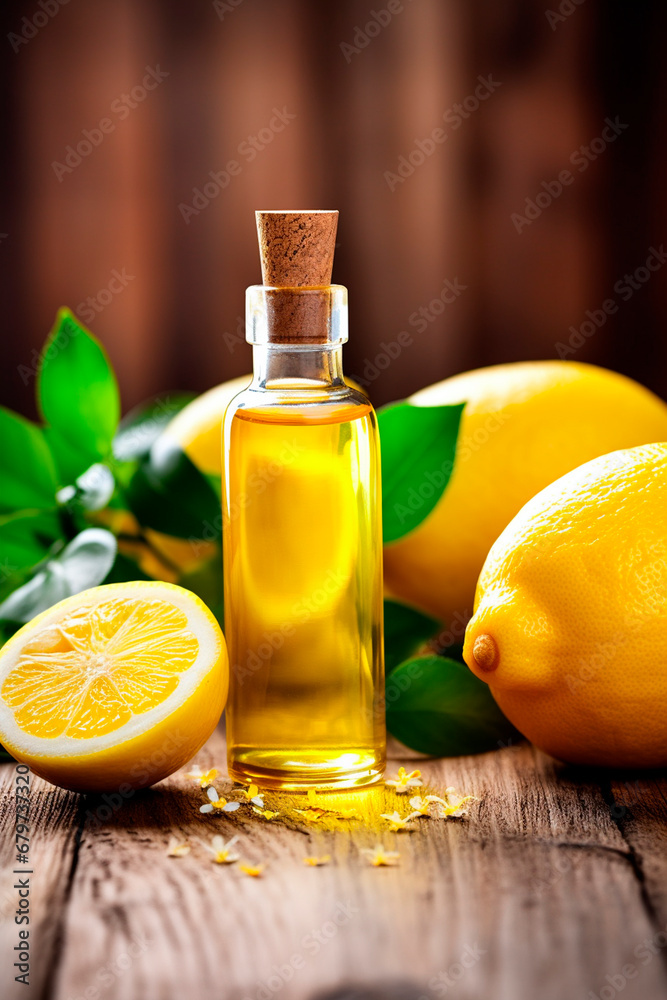lemon essential oil in a bottle. Generative AI, lemon essential oil in a bottle. Generative AI,