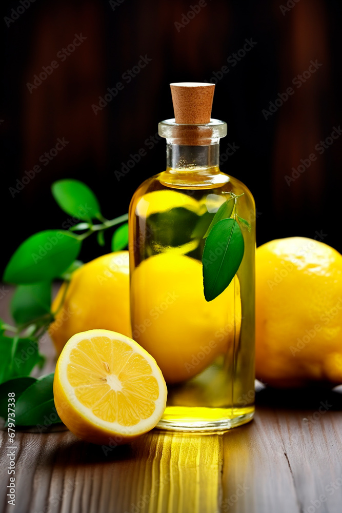 lemon essential oil in a bottle. Generative AI, lemon essential oil in a bottle. Generative AI,