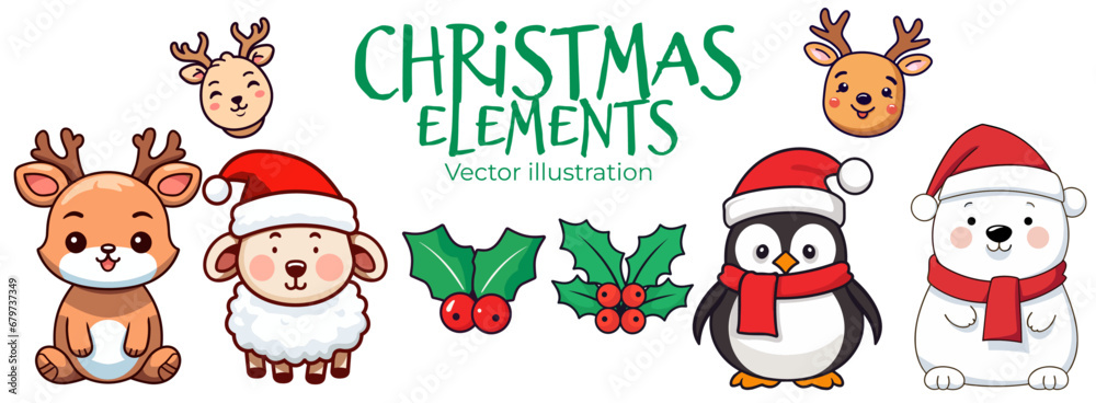 Children’s Collection of Cute Christmas Animals in Flat Design: Polar Bear, Reindeer, Penguin, and Sheep - Transparent Background