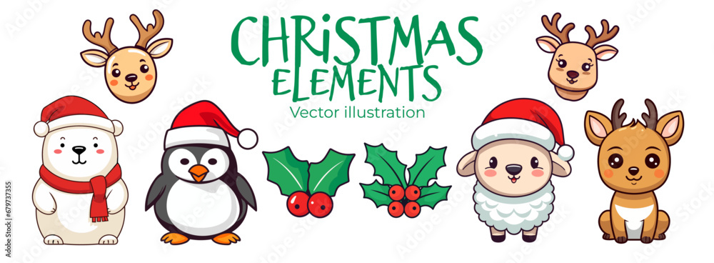 Adorable Christmas Animal Collection in Flat Design for Children: Polar Bear, Reindeer, Penguin, and Sheep - Transparent Background Adorable Christmas Animal Collection in Flat Design for Children: Polar Bear, Reindeer, Penguin, and Sheep - Transparent Background