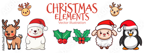 Flat Design Cartoon of Cute Christmas Animals for Kids: Polar Bear, Reindeer, Penguin, and Sheep - Transparent Background