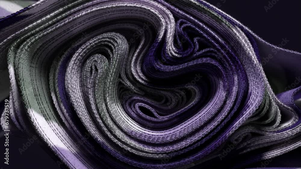 A 3D swirl of fabric in purple and silver hues, showcasing a graceful flow. 3D animation. A 3D swirl of fabric in purple and silver hues, showcasing a graceful flow. 3D animation.