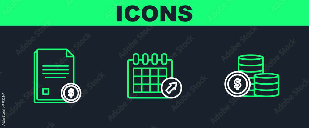 Set line Coin money with dollar symbol, Finance document and Calendar icon. Vector