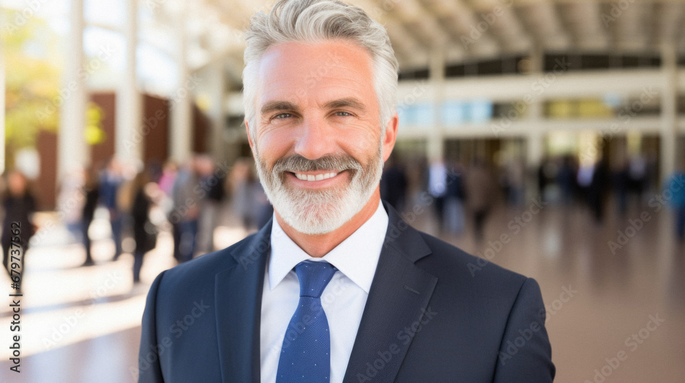 Portrait of a smiling senior businessman in front of a business center. Portrait of a smiling senior businessman in front of a business center.