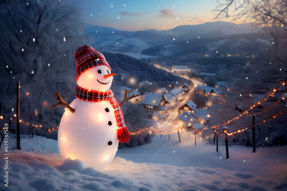 Fototapeta premium The snowman is smiling, wearing a hat and scarf. Winter New Year and Christmas scene