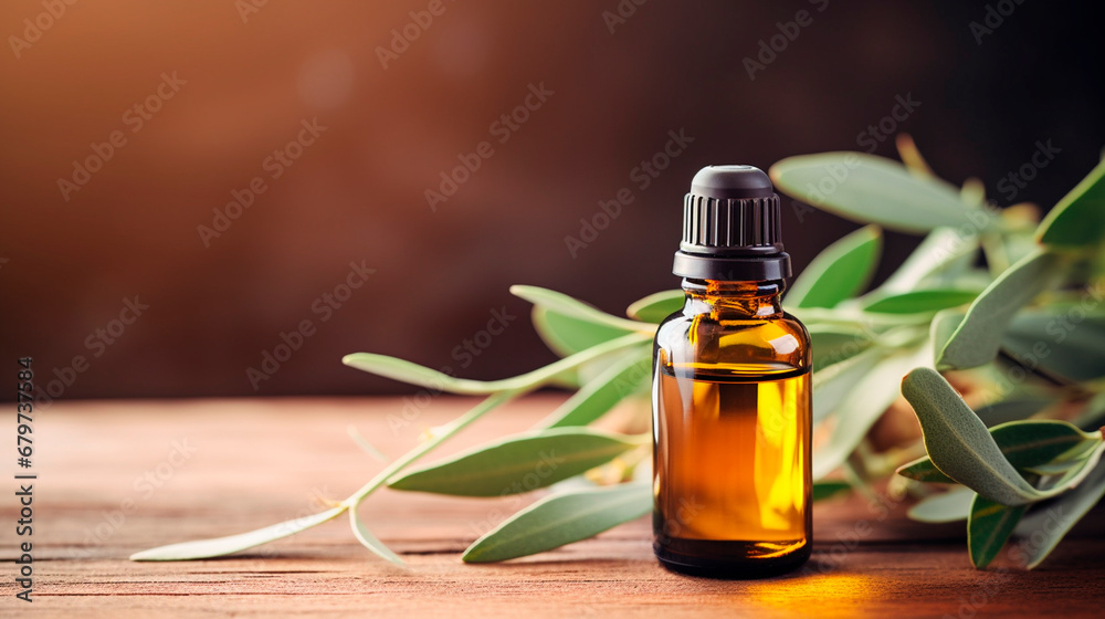 Eucalyptus essential oil in a bottle. Generative AI, Eucalyptus essential oil in a bottle. Generative AI,