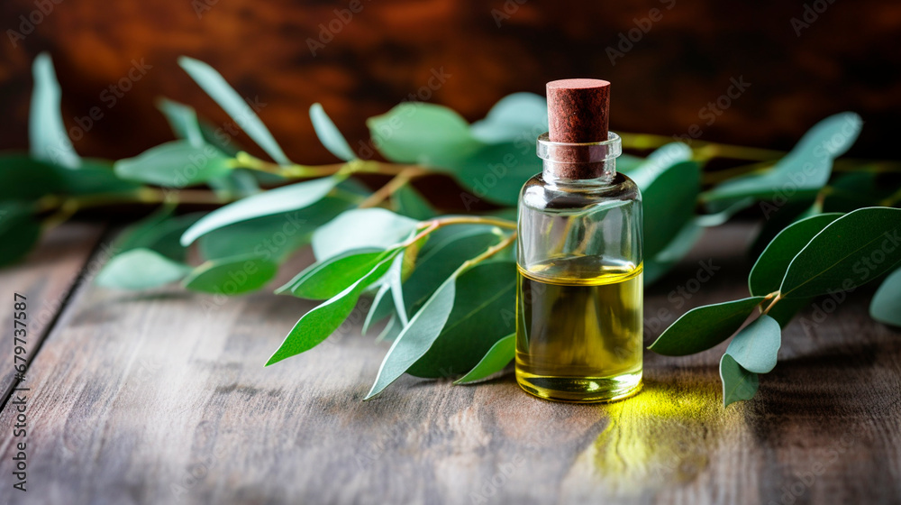 Eucalyptus essential oil in a bottle. Generative AI, Eucalyptus essential oil in a bottle. Generative AI,