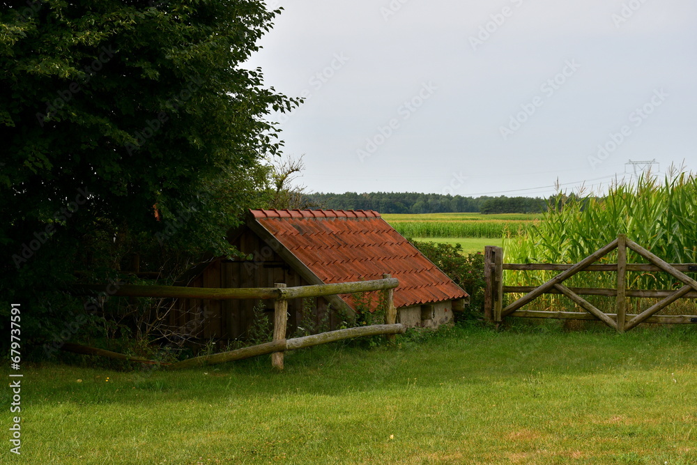 Fototapeta premium A close up on a vast field, meadow or pastureland located next to a small asphalt road, and some wooden fences with small sheds, huts, or houses located next to them seen on a cloudy summer day