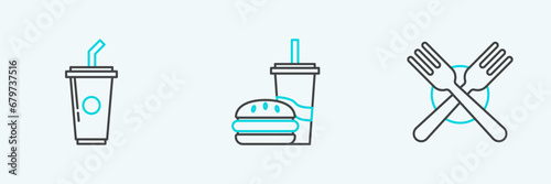 Set line Crossed fork, Paper glass with drinking straw and water and burger icon. Vector