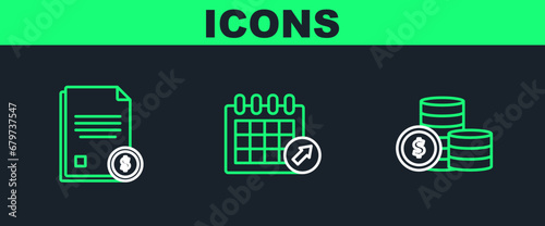 Set line Coin money with dollar symbol, Finance document and Calendar icon. Vector