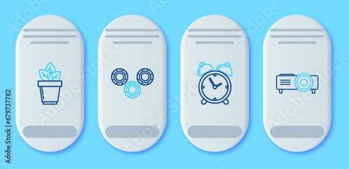 Set line Gear, Alarm clock, Flowers in pot and Presentation, movie, film, media projector icon. Vector
