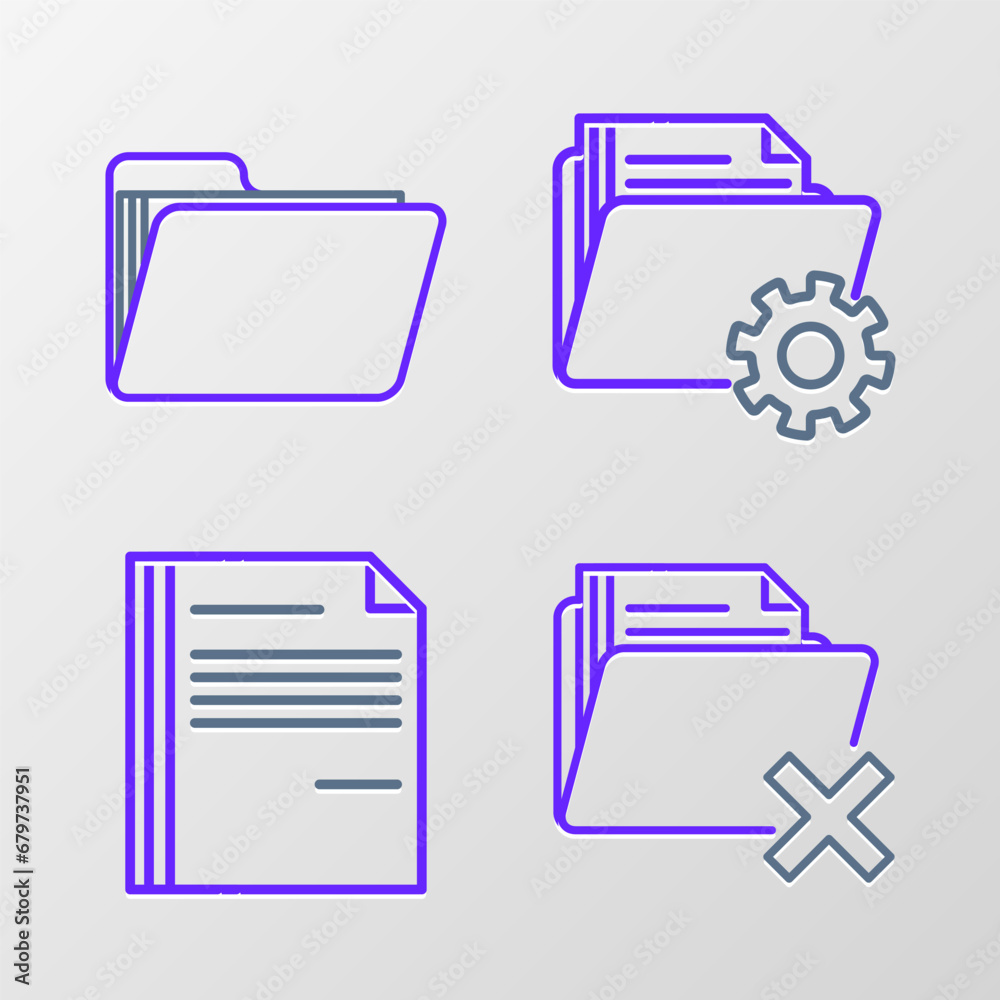 Set line Delete folder, File document, Folder settings with gears and Document icon. Vector Set line Delete folder, File document, Folder settings with gears and Document icon. Vector