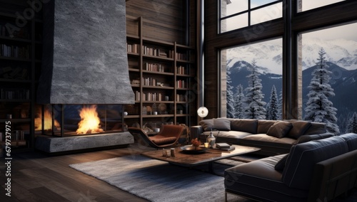 Cozy Living Room with Stylish Furniture and Warm Fireplace © Marius