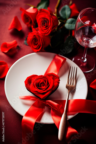 Cutlery and red roses for Valentine's Day. Generative AI,