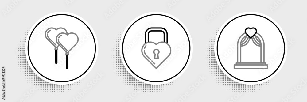 Set line Wedding arch, Balloons form of heart with ribbon and Castle the shape icon. Vector Set line Wedding arch, Balloons form of heart with ribbon and Castle the shape icon. Vector