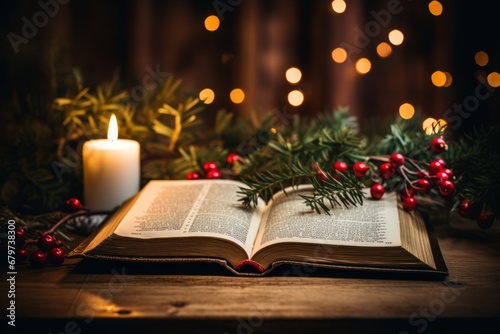 Wallpaper Mural A Warm and Inviting Scene of an Open Bible Displaying the Christmas Story Amidst Holiday Decor Torontodigital.ca