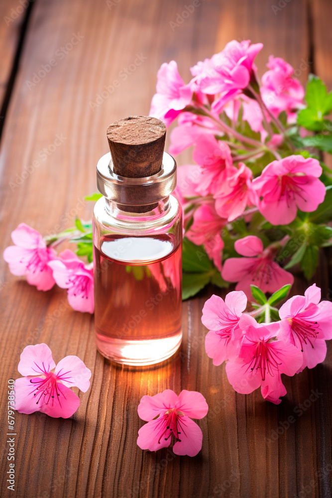 Geranium essential oil in a bottle. Generative AI, Geranium essential oil in a bottle. Generative AI,