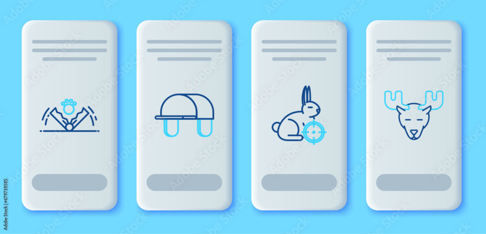 Set line Hunter hat, on rabbit with crosshairs, Trap hunting and Moose head horns icon. Vector Set line Hunter hat, on rabbit with crosshairs, Trap hunting and Moose head horns icon. Vector