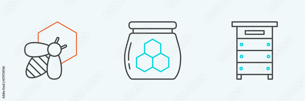 Set line Hive for bees, Bee and honeycomb and Jar of icon. Vector Set line Hive for bees, Bee and honeycomb and Jar of icon. Vector