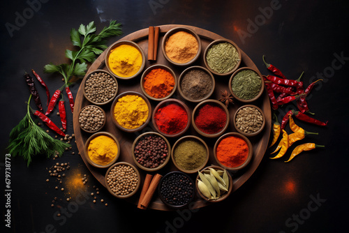 Assortment set of colorful spices and seeds in bowls on wooden table background, spicy and ethnic food concept photo