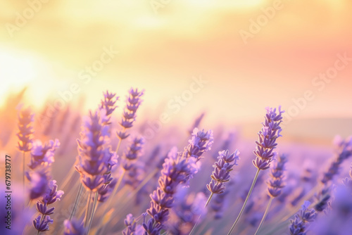 Closeup of lavender flowers on background of ethereal sunrise over a lavender field in Provence, with soft focus and a pastel color palette. Beautiful floral backdrop of lavender meadow flowers photo