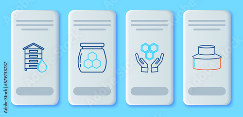 Set line Jar of honey, Honeycomb and hands, Hive for bees and Beekeeper with protect hat icon. Vector