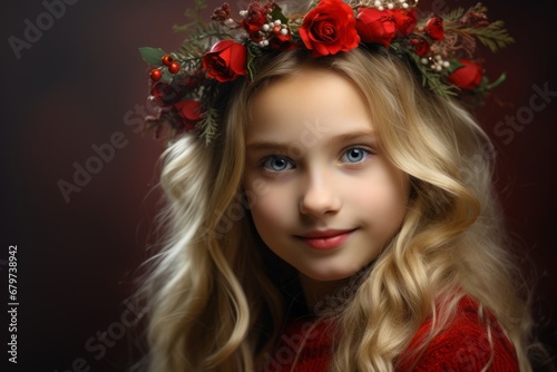 The Essence of Christmas Captured in the Radiant Portrait of a Girl with a Festive Wreath Crown © aicandy