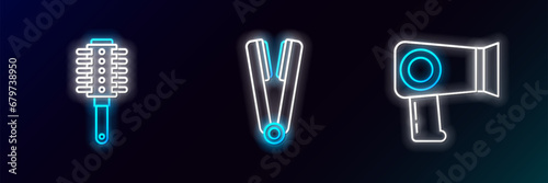 Set line Hair dryer, Hairbrush and Curling iron for hair icon. Glowing neon. Vector