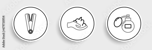 Set line Aftershave, Curling iron for hair and Shaving gel foam hand icon. Vector