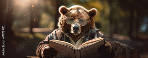Bear with glasses reading a book photo