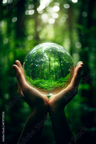 Glass ball in hands in the forest. Generative AI,