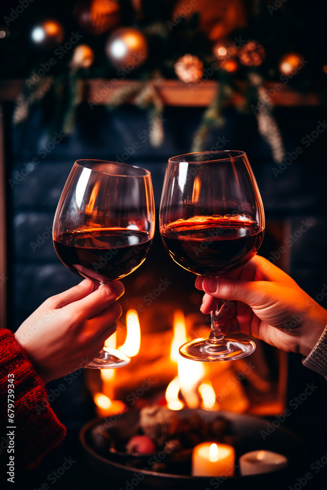 Lovers hold glasses of wine in their hands against the background of a fireplace. Generative AI,