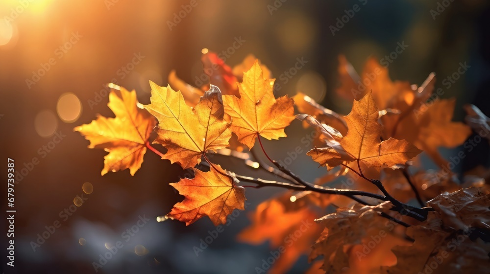 Beautiful maple leaves in autumn sunny day in foreground and blurry background