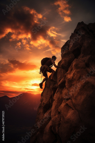 A silhouette of man climbing on rock, mountain at sunset