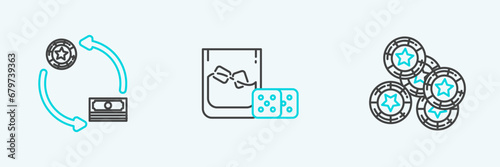 Set line Casino chips, exchange on stacks of dollars and Game dice and glass whiskey with ice cubes icon. Vector