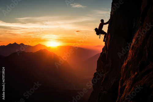 A silhouette of man climbing on rock, mountain at sunset