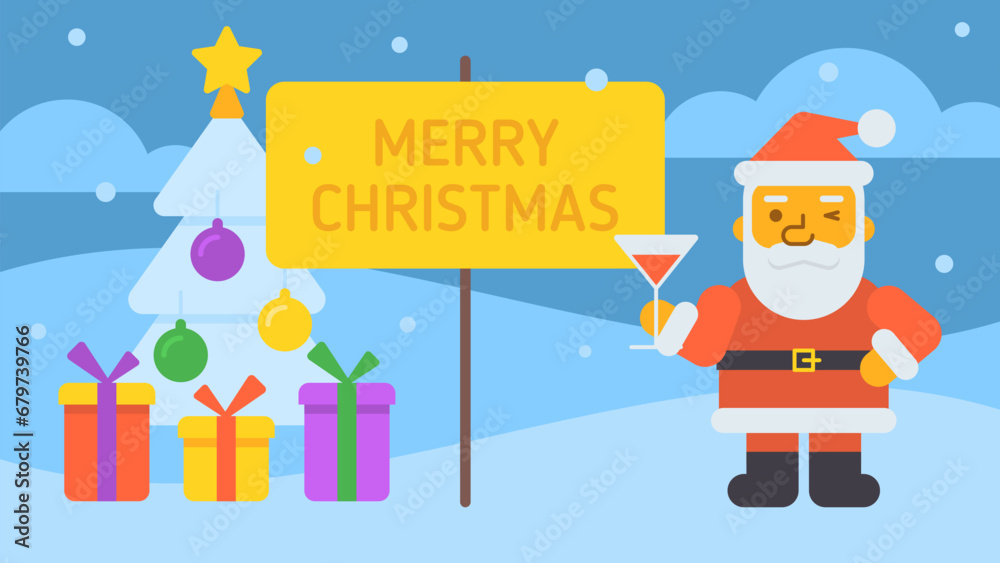 Merry Christmas composition Santa holding glass and winking Merry Christmas composition Santa holding glass and winking