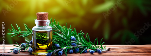 Juniper essential oil in a bottle. Generative AI, photo