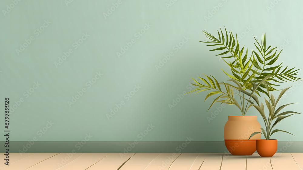 Une plante verte avec des feuilles allongées dans un pot en terre cuite, posée sur un sol en bois contre un mur vert. - obrazy, fototapety, plakaty 