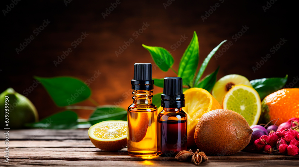 Essential oil of berries and fruits in a bottle. Generative AI, Essential oil of berries and fruits in a bottle. Generative AI,