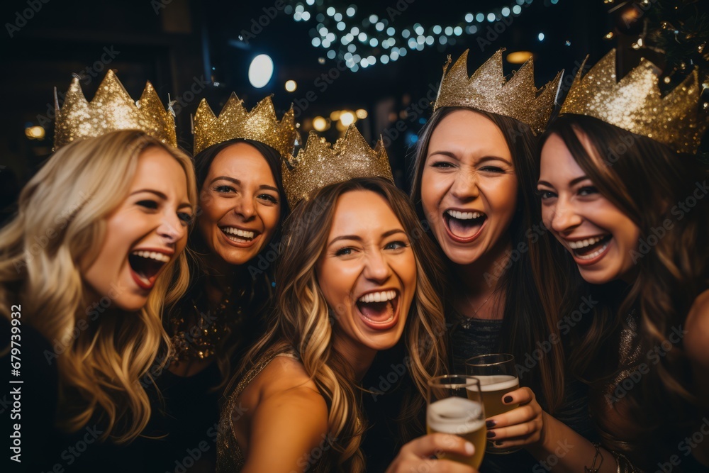 Colleagues Ringing in the New Year with Laughter and Sparkling Crowns and Tiaras